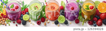 Colorful Fruit Smoothies in Glass Jars with Fresh Ingredients Colorful Fruit Smoothies in Glass Jars with Fresh Ingredients 126394028