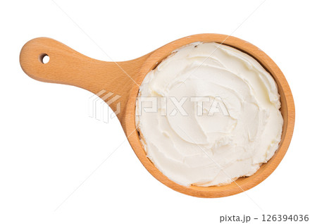 Italian Mascarpone cheese, cream cheese for tiramisu isolated on white background. top view Italian Mascarpone cheese, cream cheese for tiramisu isolated on white background. top view 126394036