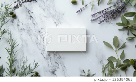 Soap Bar with Lavender and Olive Leaves on Marble 126394063