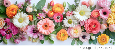 Vibrant Multicolor Floral Border with Greenery 126394071