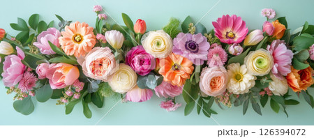 Bright Mixed Floral Arrangement Banner on Teal Background 126394072