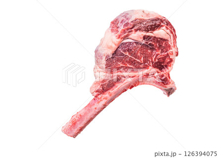 Raw tomahawk steak with marbling, fresh rib eye with bone Isolated on a white background. top view 126394075