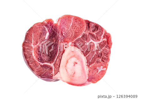 Fresh raw ossobuco, osso buco meat, showcasing tender veal shank with rich marrow, perfect for gourmet Italian dishes. isolated on white background. top view 126394089