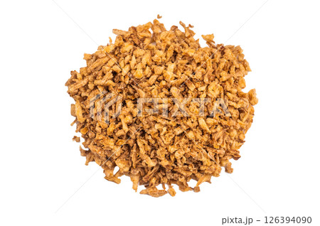 Crispy Fried dried Onion Bits isolated on white background. top view 126394090