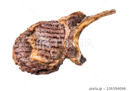 Grilled Tomahawk beef steak, cooked rib eye with bone isolated on white background. top view Grilled Tomahawk beef steak, cooked rib eye with bone isolated on white background. top view 126394096