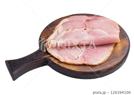 Sliced pork ham for sandwiches, Italian Prosciutto Cottj isolated on white background. top view 126394100