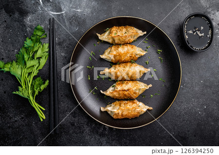 Fried Japanese Gyoza Dumplings with meat and vegetables on plate. black background. top view 126394250
