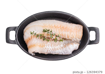 Pristine raw cod fillet, waiting to be marinated and cooked to perfection for a delightful dining experience. isolated on white background. top view 126394379
