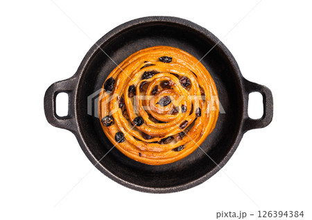 Baked Danish pastry, raisin bun isolated on white background. top view Baked Danish pastry, raisin bun isolated on white background. top view 126394384