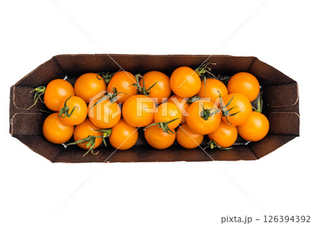 Uncooked small tomatoes. red, green and yellow cherry tomatoes assortment, cocktail mix isolated on white background. top view 126394392