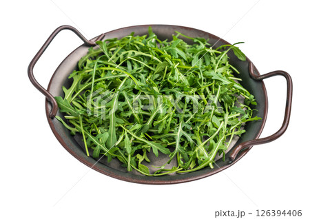 Lush rocket greens, showcasing their unique shape and rich color. A delightful addition to any dish. isolated on white background. top view 126394406