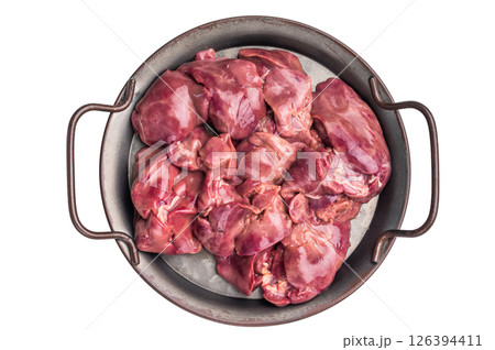 Raw poultry liver, chicken offals beautifully displayed, ready for seasoning. A nutritious ingredient ideal for gourmet dishes and traditional recipes. isolated on white background. top view 126394411