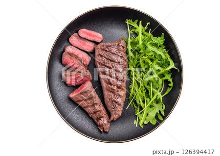 Grill Lamb steak, roasted mutton tenderloin fillet meat with salad isolated on white background. top view Grill Lamb steak, roasted mutton tenderloin fillet meat with salad isolated on white background. top view 126394417