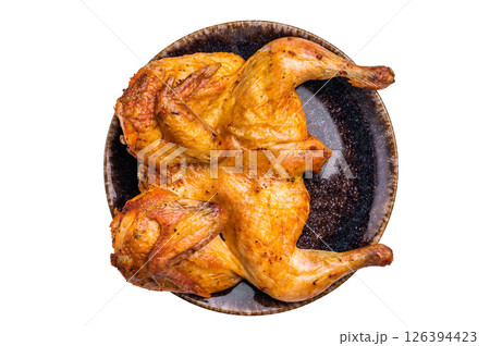 Baked chicken Tobacco with spices, poultry meat on plate isolated on white background. top view Baked chicken Tobacco with spices, poultry meat on plate isolated on white background. top view 126394423