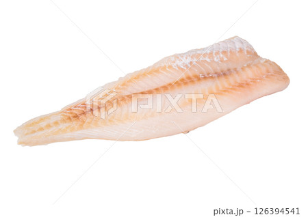 Fresh cod fish fillet, showcasing its delicate texture and pristine color, perfect for grilling or baking. isolated on white background. top view Fresh cod fish fillet, showcasing its delicate texture and pristine color, perfect for grilling or baking. isolated on white background. top view 126394541