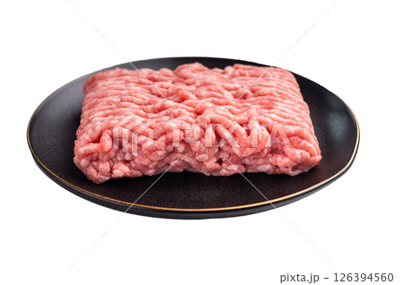 Raw mince beef meat, fresh mincemeat in plate isolated on white background. top view Raw mince beef meat, fresh mincemeat in plate isolated on white background. top view 126394560
