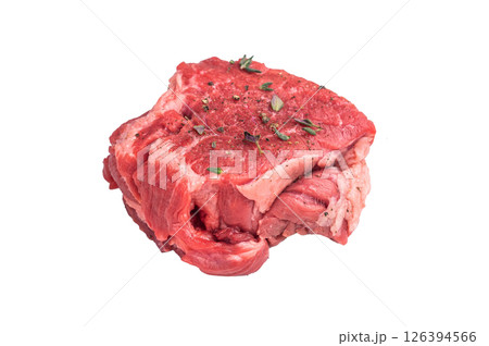 Fresh Raw beef tenderloin steaks with herbs and spices, marble meat ready for roast. isolated on white background. top view Fresh Raw beef tenderloin steaks with herbs and spices, marble meat ready for roast. isolated on white background. top view 126394566