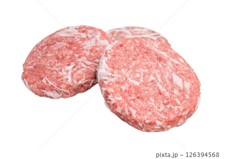 Frozen raw Hamburger beef Patty, uncooked mincemeat. isolated on white background. top view Frozen raw Hamburger beef Patty, uncooked mincemeat. isolated on white background. top view 126394568