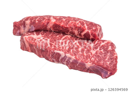 Premium denver, chuck eye steak, beautifully presented, ready for seasoning. A versatile cut ideal for barbecue enthusiasts and steak lovers alike. isolated on white background. top view 126394569