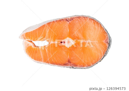 Fresh raw salmon fillet, glistening with moisture, ready for marinating or grilling. A perfect choice for healthy seafood lovers. isolated on white background. top view 126394573