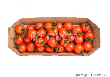 Fresh cherry tomatoes, bursting with flavor and vibrant color, perfect for salads or snacking. isolated on white background. top view 126394579