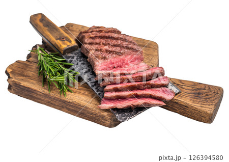 Savory shoulder steak Denver, beautifully cooked on the grill, highlighting its marbled texture and succulent taste. isolated on white background. top view 126394580