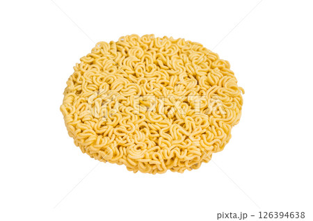 Raw instant ramen noodles, perfectly twisted and ready to be boiled for a delicious homemade soup. isolated on white background. top view Raw instant ramen noodles, perfectly twisted and ready to be boiled for a delicious homemade soup. isolated on white background. top view 126394638