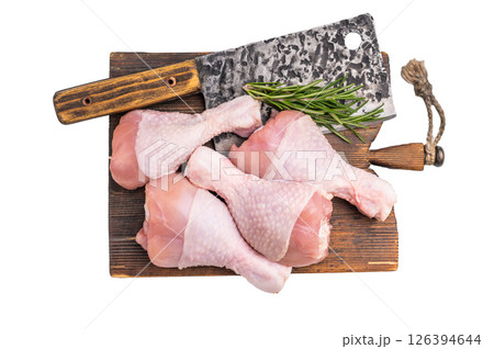 Pristine raw chicken drumsticks, leg quarters, ready to be transformed into a mouthwatering dish full of flavor. isolated on white background. top view Pristine raw chicken drumsticks, leg quarters, ready to be transformed into a mouthwatering dish full of flavor. isolated on white background. top view 126394644