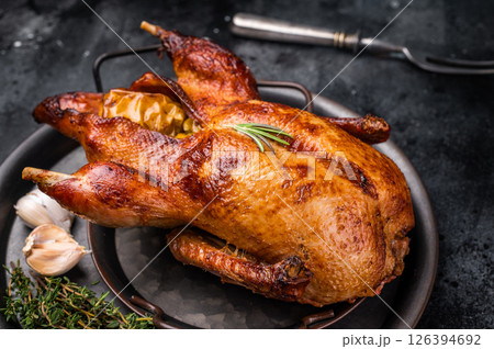 Roasted whole goose on steel tray. black background. top view Roasted whole goose on steel tray. black background. top view 126394692