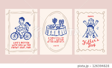 Happy Fathers Day Dad Greeting Doodle Vintage Sketch Card Set. Holiday Vector Chalk Poster Bicycle Ride, Dinner Table, and Shoulder Hug From Son Daughter Family Happy Fathers Day Dad Greeting Doodle Vintage Sketch Card Set. Holiday Vector Chalk Poster Bicycle Ride, Dinner Table, and Shoulder Hug From Son Daughter Family 126394828
