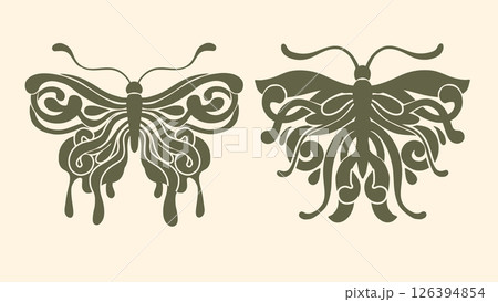 Art Nouveau Butterfly Vintage Ornament Vector Baroque Floral Motif Boho Bohemian Antique Card 126394854