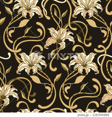 Art Nouveau Vintage Pattern Lily Flower Motif Boho Baroque Ethnic Background Art Nouveau Vintage Pattern Lily Flower Motif Boho Baroque Ethnic Background 126394866
