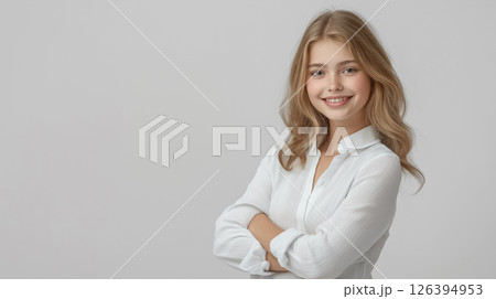 A professional studio portrait of a girl on a light plain background, expressing love and warmth with her arms wrapped around herself and a soft smile 126394953