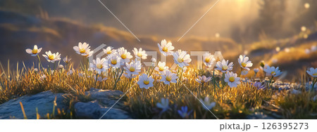 Sunny spring scene with blooming flowers scattered over vivid grass, glowing under golden light Sunny spring scene with blooming flowers scattered over vivid grass, glowing under golden light 126395273