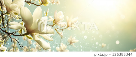 spring banner of magnolia trees in bloom, their large petals glowing under a soft, sunny sky 126395344