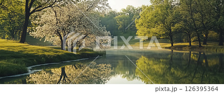 Serene spring scene with flowering trees reflected in a clear pond, bathed in morning light 126395364