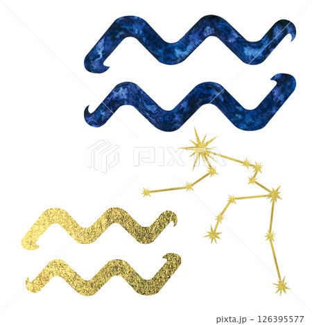 Blue and gold Aquarius zodiac symbol with gold foil texture, golden constellation isolated on white background. Watercolor set illustration template for astrological design, card, calendars, horoscope 126395577