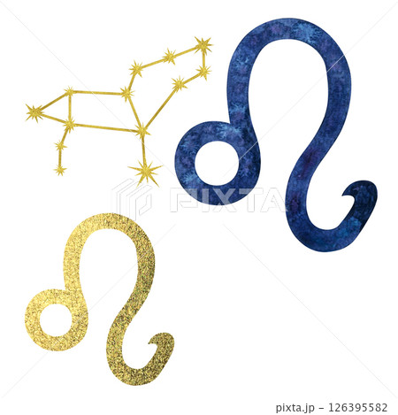 Blue and gold Leo zodiac symbol with gold foil texture, golden constellation isolated on white background. Watercolor set illustration template for astrological design, cards, calendars, horoscopes Blue and gold Leo zodiac symbol with gold foil texture, golden constellation isolated on white background. Watercolor set illustration template for astrological design, cards, calendars, horoscopes 126395582