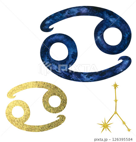 Blue and gold Cancer zodiac symbol with gold foil texture, golden constellation isolated on white background. Watercolor set illustration template for astrological design, cards, calendars, horoscopes 126395584