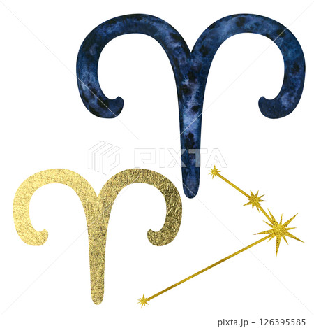 Blue and gold Aries zodiac symbol with gold foil texture, golden constellation isolated on white background. Watercolor set illustration template for astrological design, cards, calendars, horoscopes 126395585