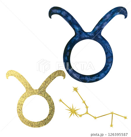 Blue and gold Taurus zodiac symbol with gold foil texture, golden constellation isolated on white background. Watercolor set illustration template for astrological design, cards, calendars, horoscopes Blue and gold Taurus zodiac symbol with gold foil texture, golden constellation isolated on white background. Watercolor set illustration template for astrological design, cards, calendars, horoscopes 126395587