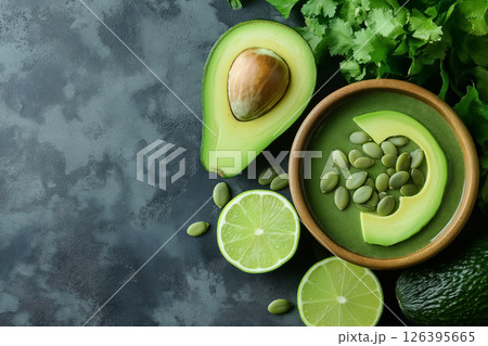 A green smoothie bowl with avocado slices, pumpkin seeds, and a touch of lime zest, presented with minimal props, concept of healthy eating A green smoothie bowl with avocado slices, pumpkin seeds, and a touch of lime zest, presented with minimal props, concept of healthy eating 126395665
