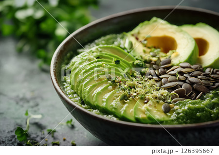 A green smoothie bowl with avocado slices, pumpkin seeds, and a touch of lime zest, presented with minimal props, concept of healthy eating 126395667