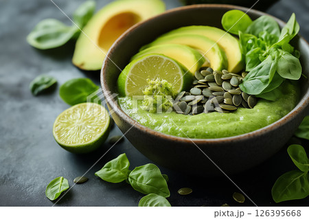 A green smoothie bowl with avocado slices, pumpkin seeds, and a touch of lime zest, presented with minimal props, concept of healthy eating A green smoothie bowl with avocado slices, pumpkin seeds, and a touch of lime zest, presented with minimal props, concept of healthy eating 126395668