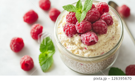 A jar of creamy chia pudding topped with fresh raspberries and mint leaves, placed on a clean white table with soft natural light, concept of healthy eating 126395670