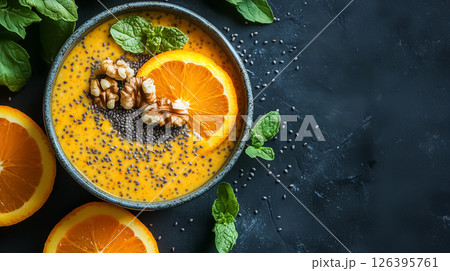 A vibrant orange chia pudding infused with turmeric and topped with orange slices and walnuts, natural lighting and minimal decoration, concept of healthy eating A vibrant orange chia pudding infused with turmeric and topped with orange slices and walnuts, natural lighting and minimal decoration, concept of healthy eating 126395761
