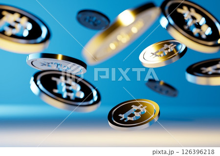 falling gold bitcoins icons. 3d render Cryptocurrency concept 126396218