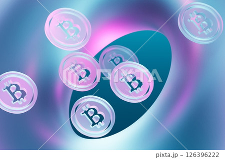 Flying glass bitcoins icons with blue and pink light. 3d render Cryptocurrency concept Flying glass bitcoins icons with blue and pink light. 3d render Cryptocurrency concept 126396222