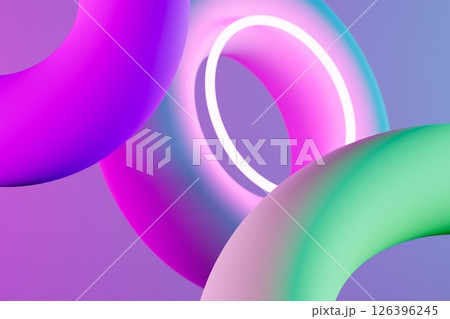 3d rendering of neon donuts. Neon background. 126396245