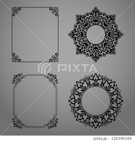 Set of decorative frames Elegant vector element for design in Eastern style, place for text. Floral black and gray borders. Lace illustration for invitations and greeting cards 126396384